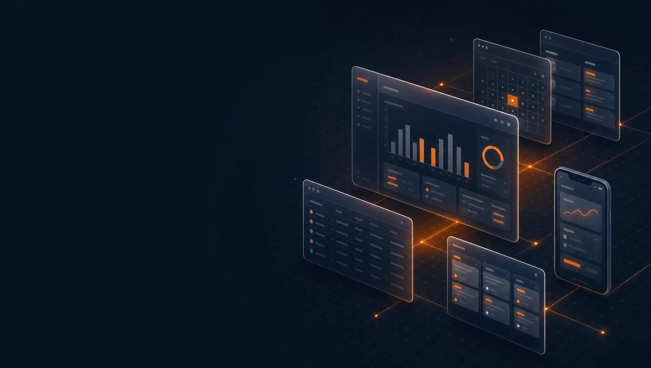 Brand key art for Reload IT: floating translucent dashboard, calendar, data-table, kanban and mobile-app screens connected by glowing orange lines over deep navy, the web and mobile software Reload IT builds